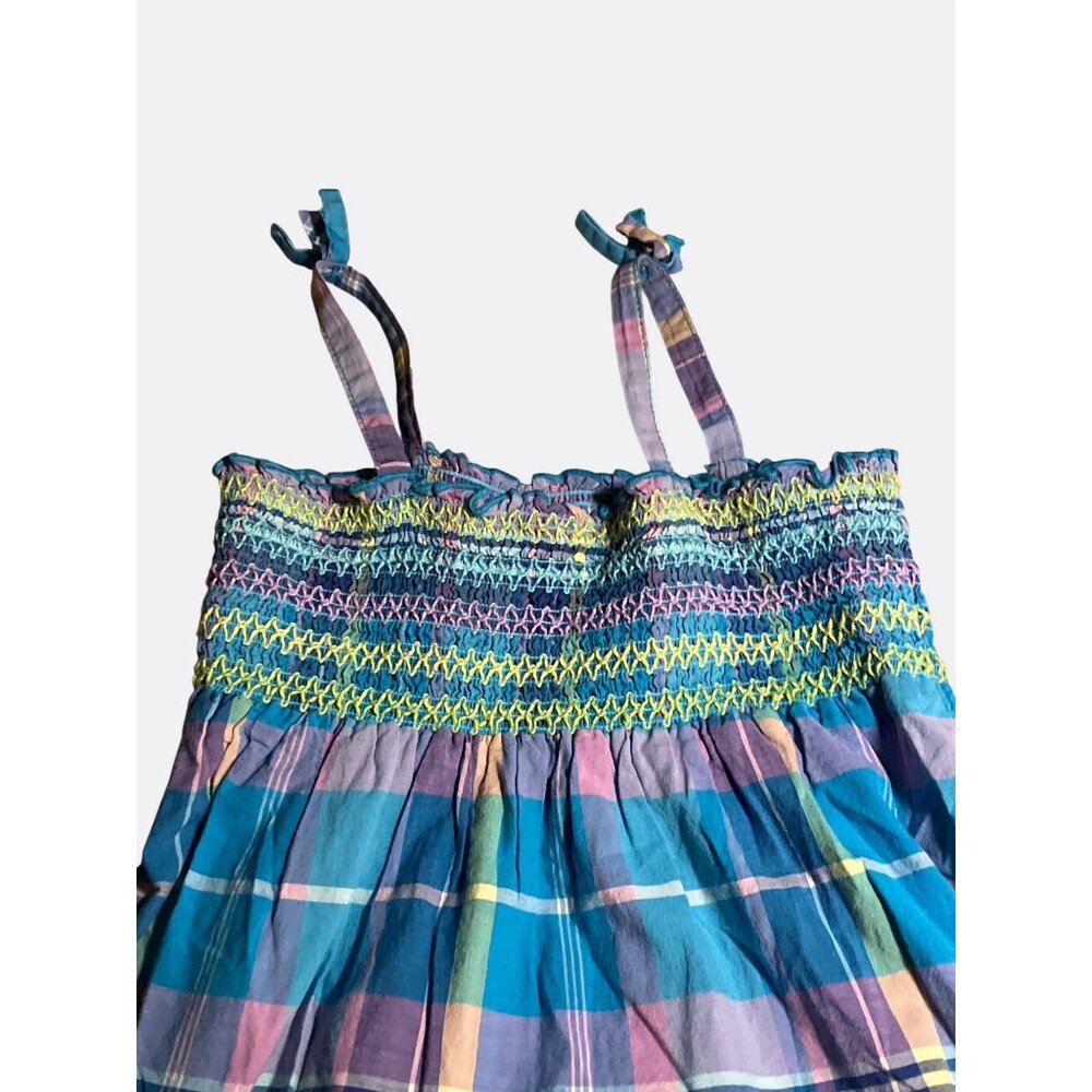 Plaid Smocked Sundress BlueTeal Multicolor Cotton Shirred Bodice Ruffle Hem sz 5 - Picture 3 of 9